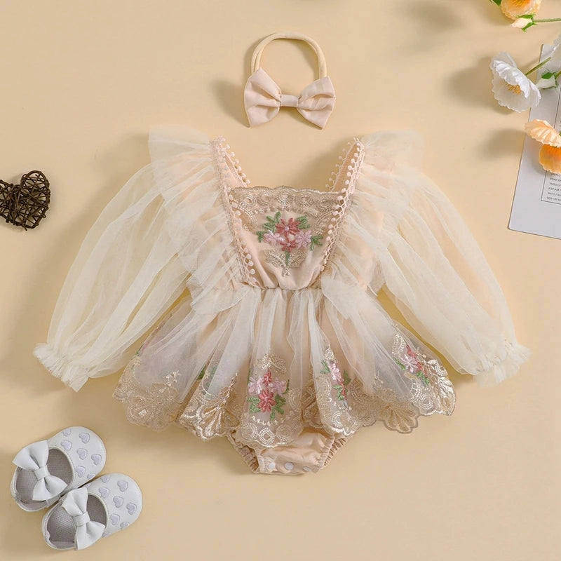 Champagne Embroidered Long Sleeve Romper and Headband #10020033