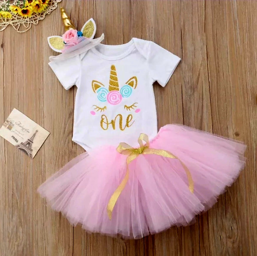 One Unicorn Birthday Romper with Tutu and Unicorn Headband #1000931