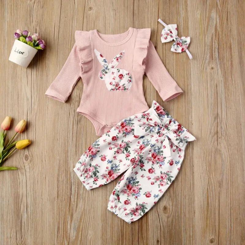 Ribbed Bunny Floral Romper and Bowknot Pants #100074