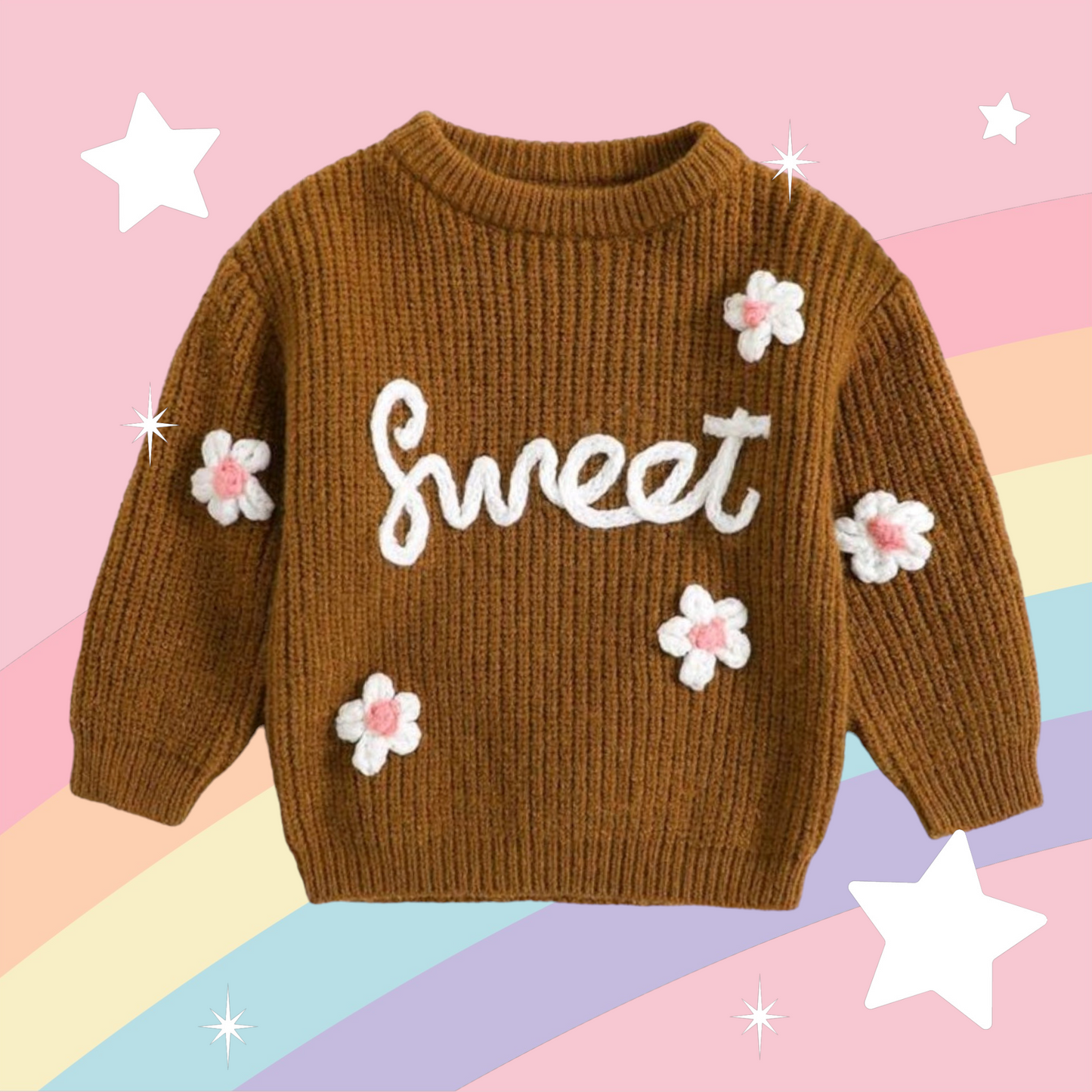 Sweet Toffee Knitted Sweater with Floral Detail #1000241