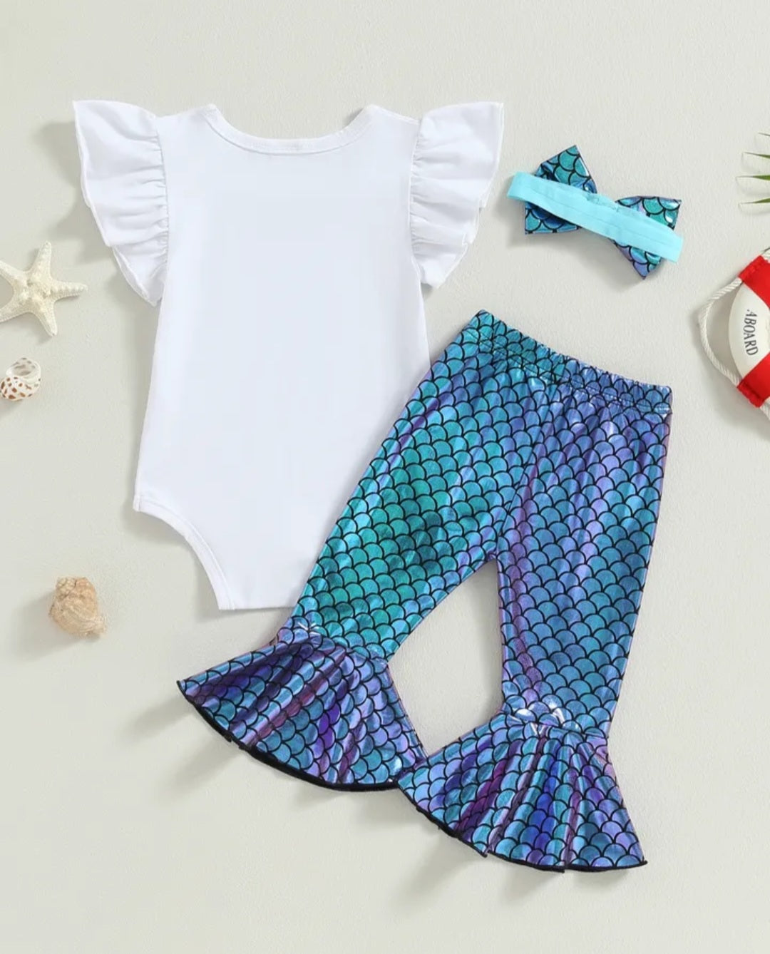 First Birthday Ruffle Sleeve Romper with Mermaid Bell Bottoms and Headband #1000206