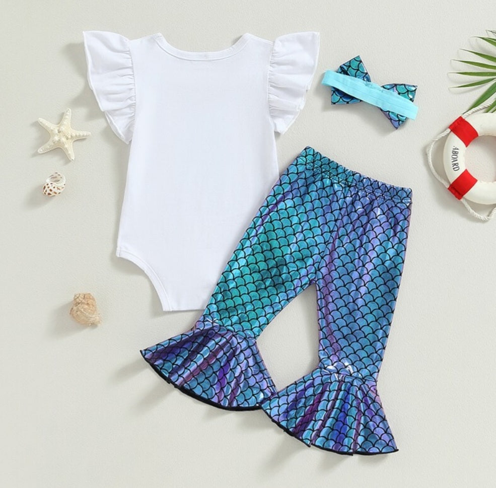 First Birthday Ruffle Sleeve Romper with Mermaid Bell Bottoms and Headband #1000206