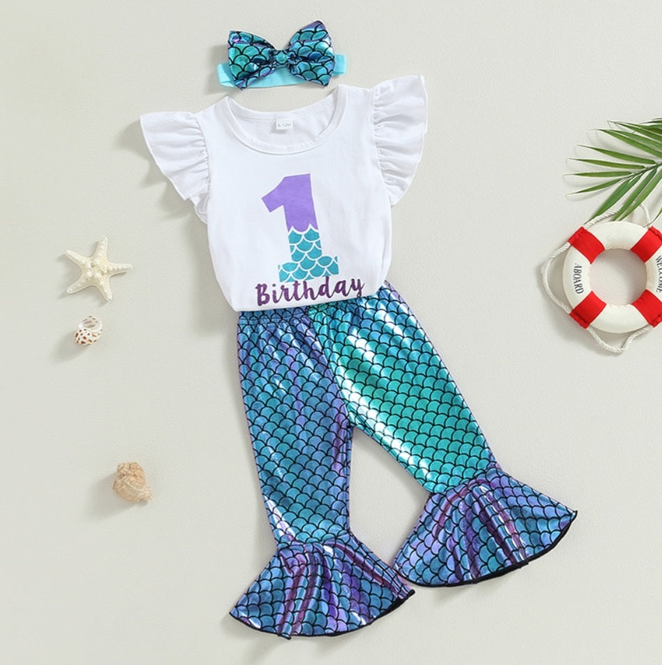 First Birthday Ruffle Sleeve Romper with Mermaid Bell Bottoms and Headband #1000206