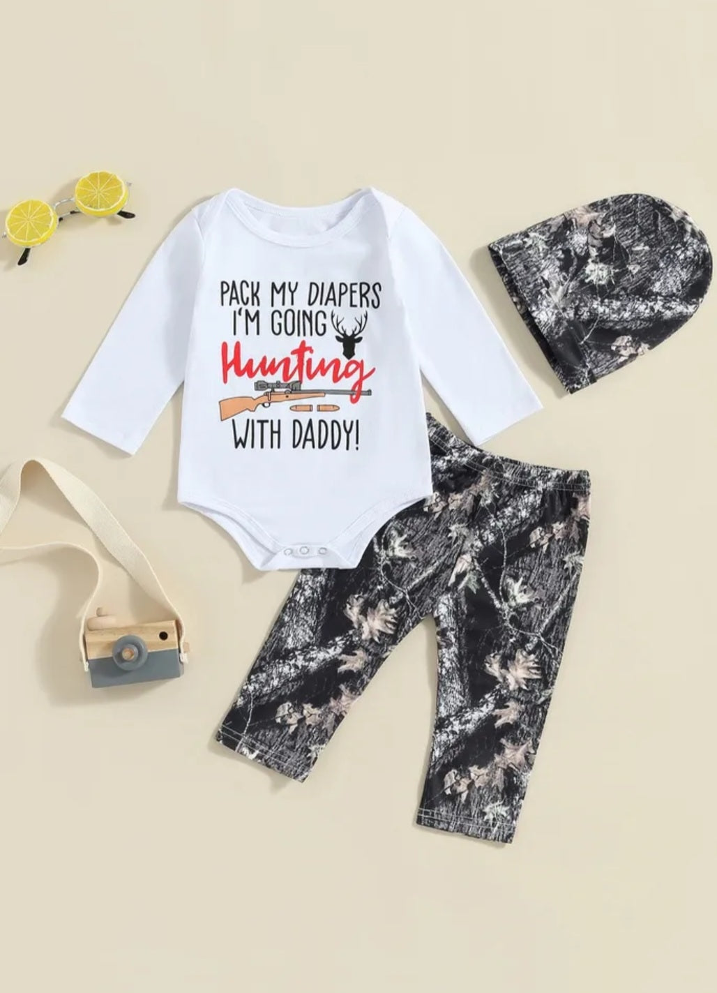 Pack My Dipers I'm Going Hunting With Daddy Romper, Pants and Bennie #2000169