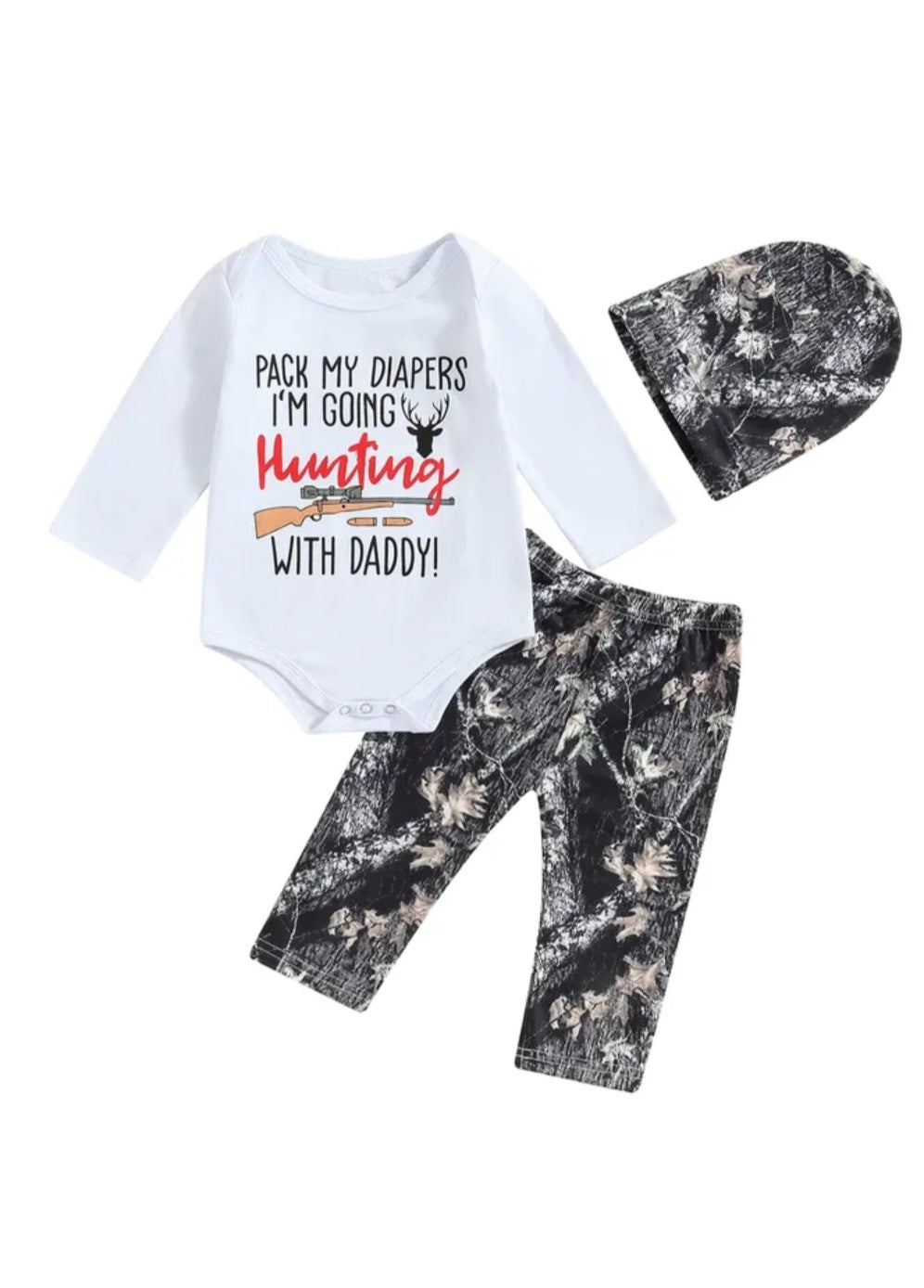 Pack My Dipers I'm Going Hunting With Daddy Romper, Pants and Bennie #2000169