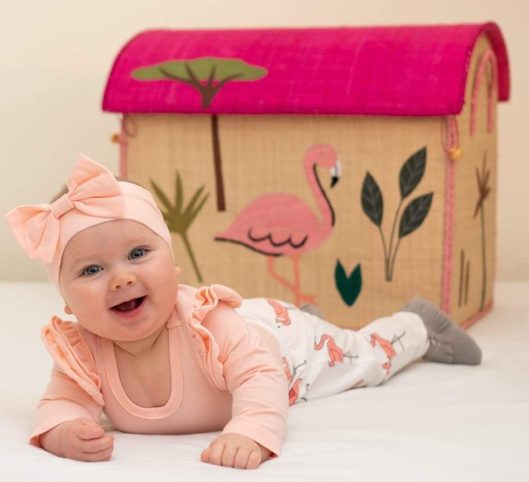 Pink Ruffle Sleeve Romper with Flamingo Pants and Headband #100076