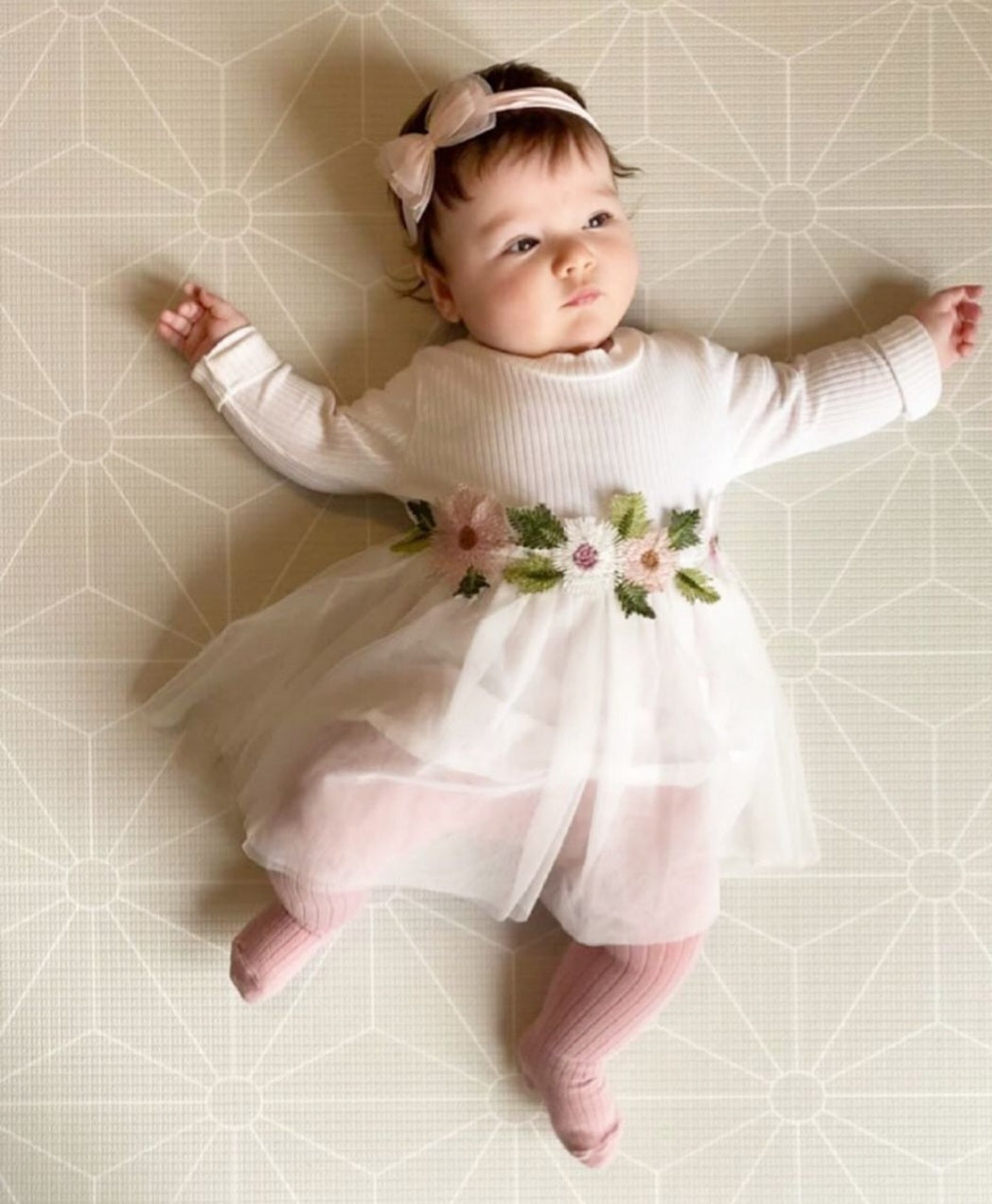 White Ribbed Lace Dress with Floral Design #10001015