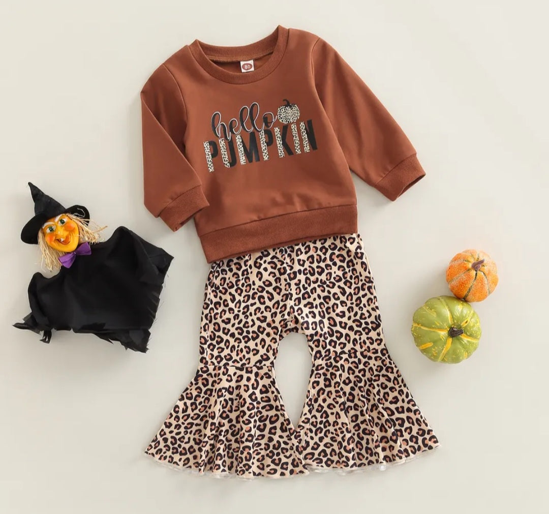 Hello Pumpkin Long Sleeve Top and Leopard Bell Bottoms #10005