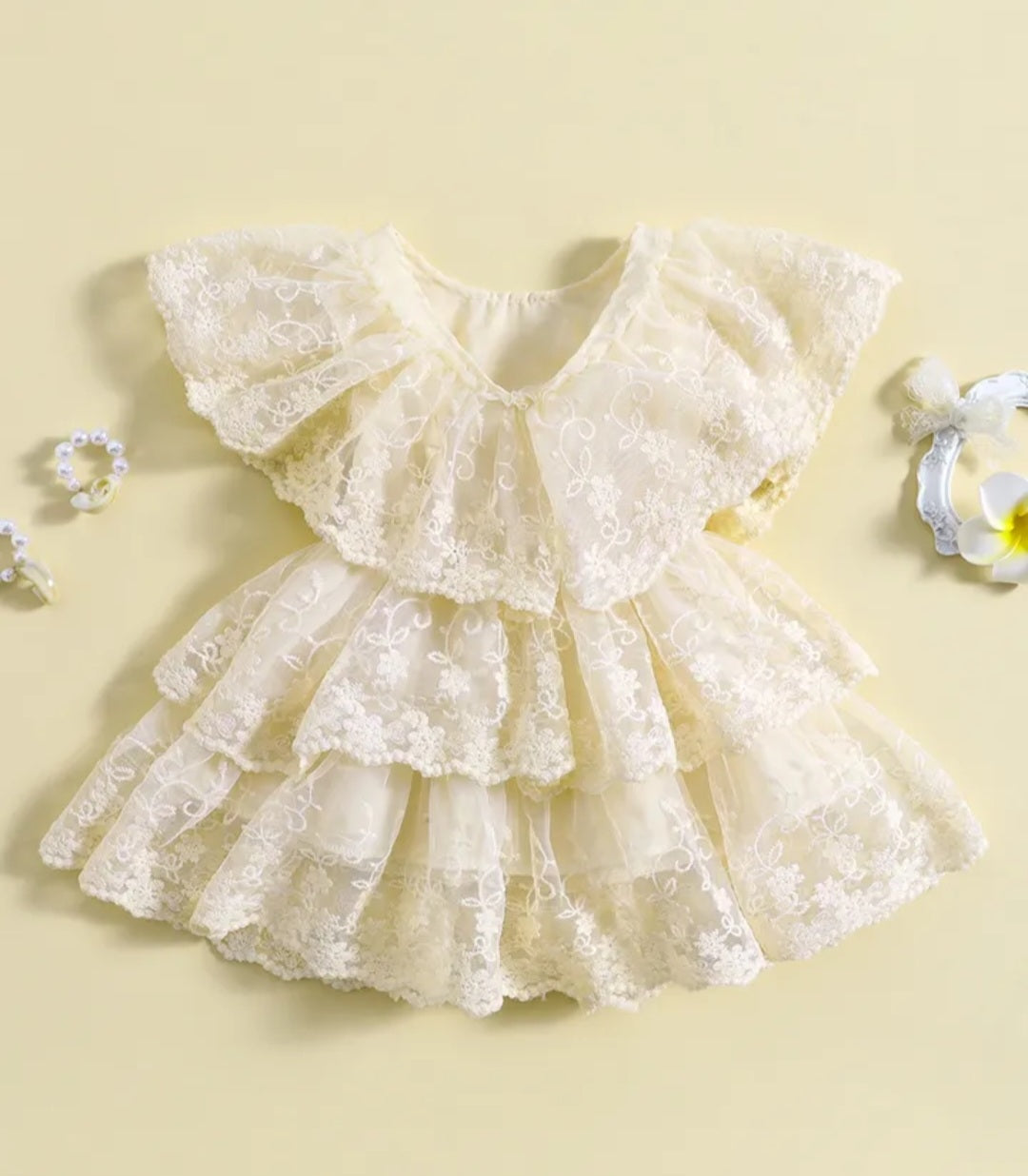 Off White Ruffle Lace Dress #1001156