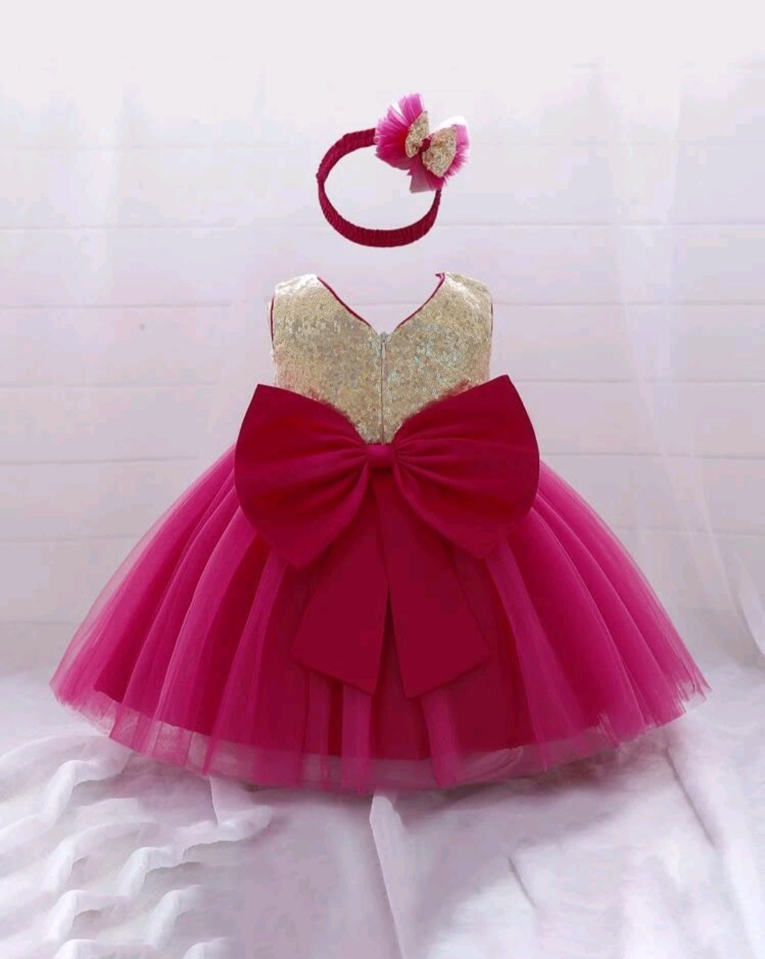 Cerise Pink and Gold Sequins Special Occasions Dress with Headband #100026