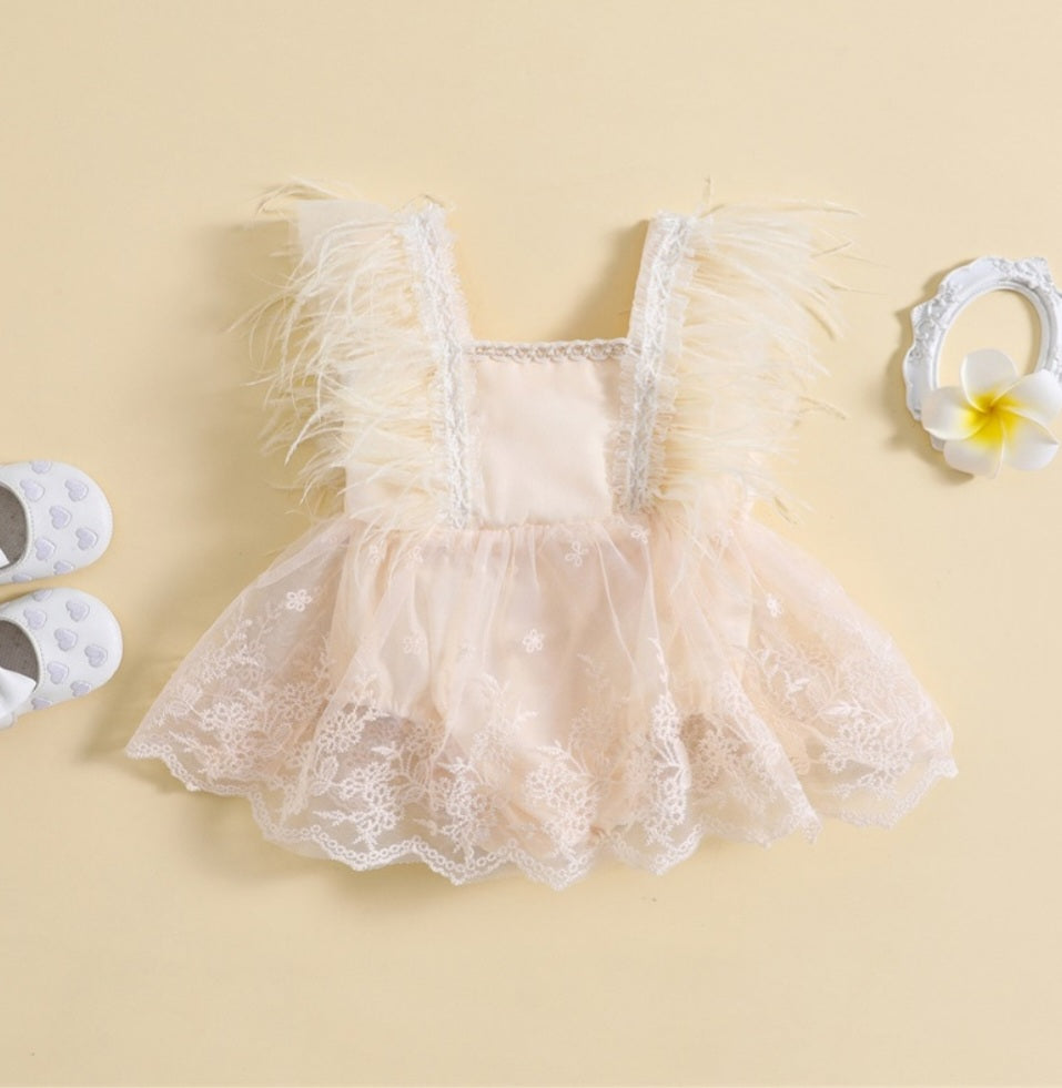 Ivory Feather Romper with Lace Detail #1000241