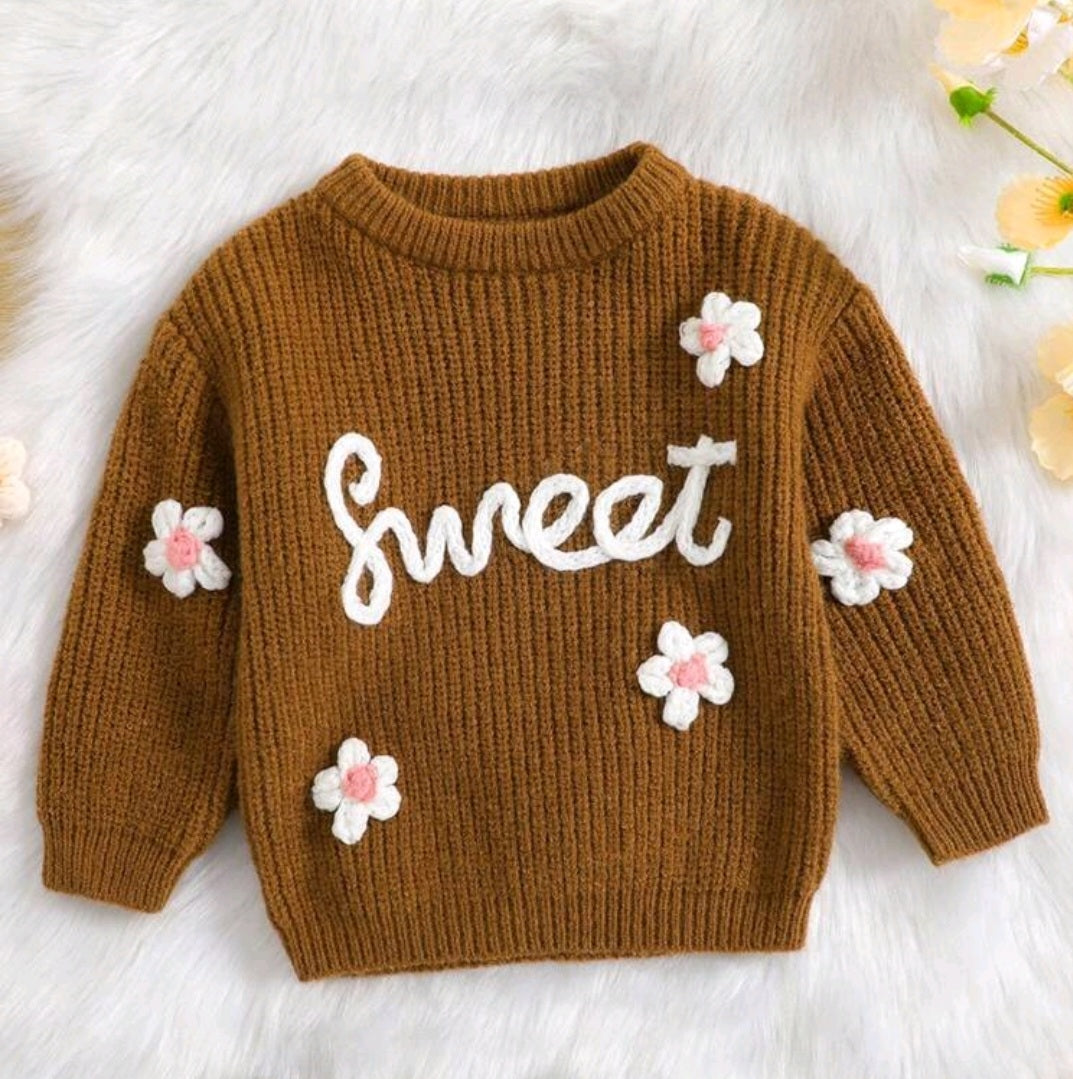 Sweet Toffee Knitted Sweater with Floral Detail #1000241
