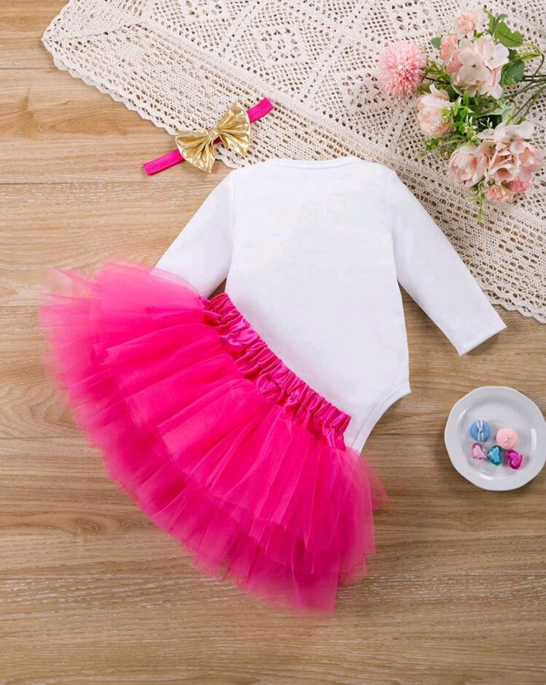 First Birthday Outfit will Long Sleeve, Cerise Pink Tutu and Headband #10020022