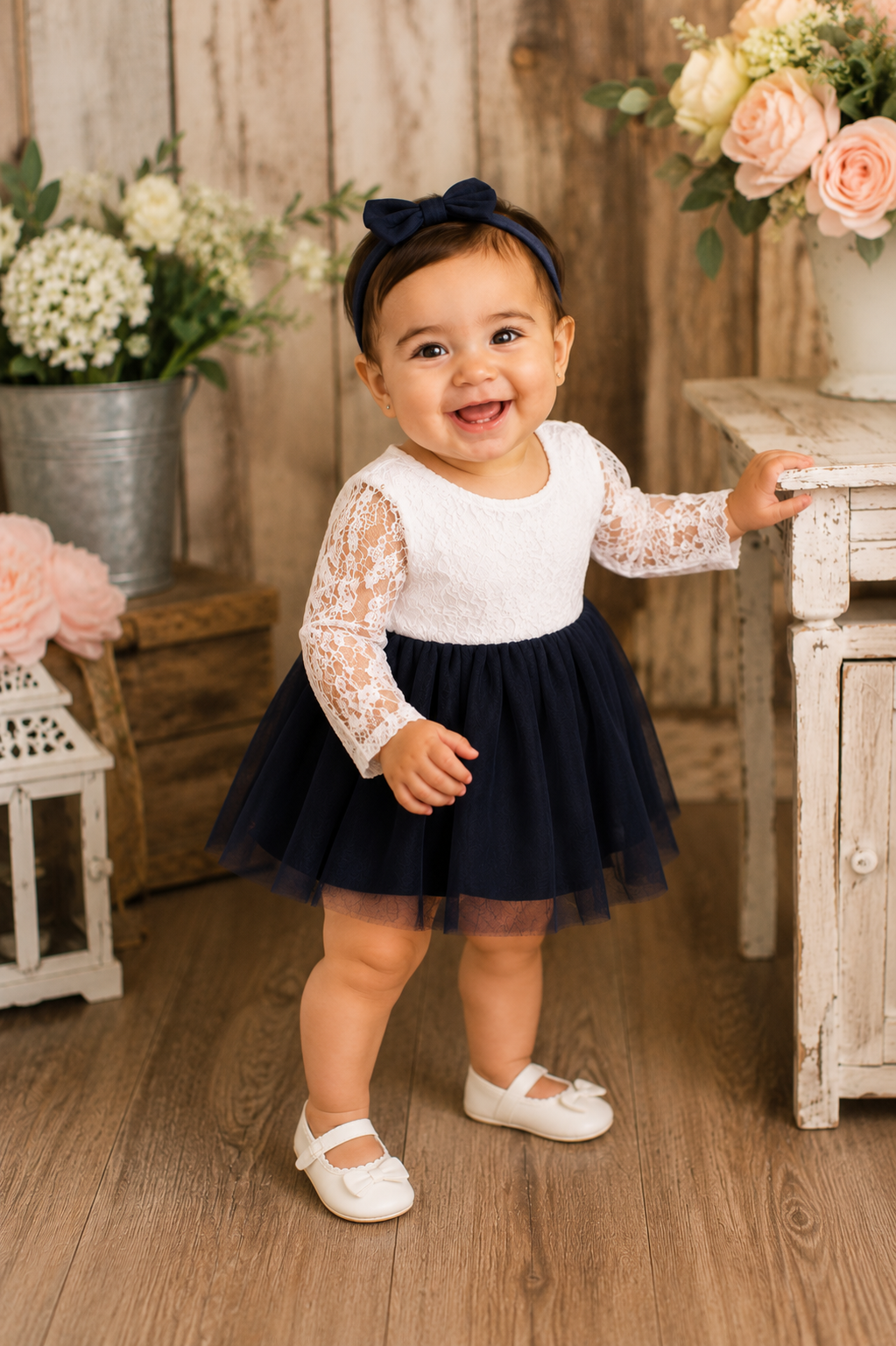 Navy and White Long Sleeve Lace Dress #900034