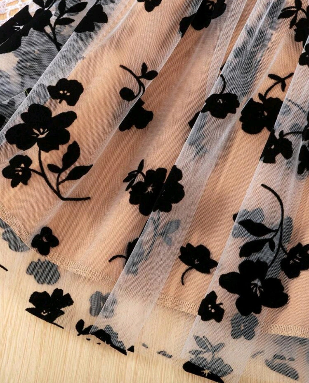 Black and Champagne Floral Long Sleeve Dress #1000346