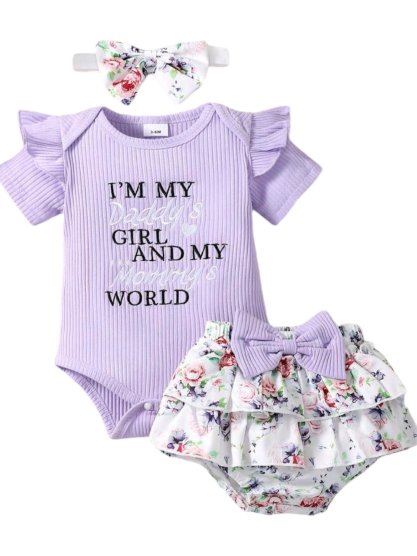 Daddy's Girl Mommy's World Purple Ruffle Romper with Floral Bloomer and Headband #1000860