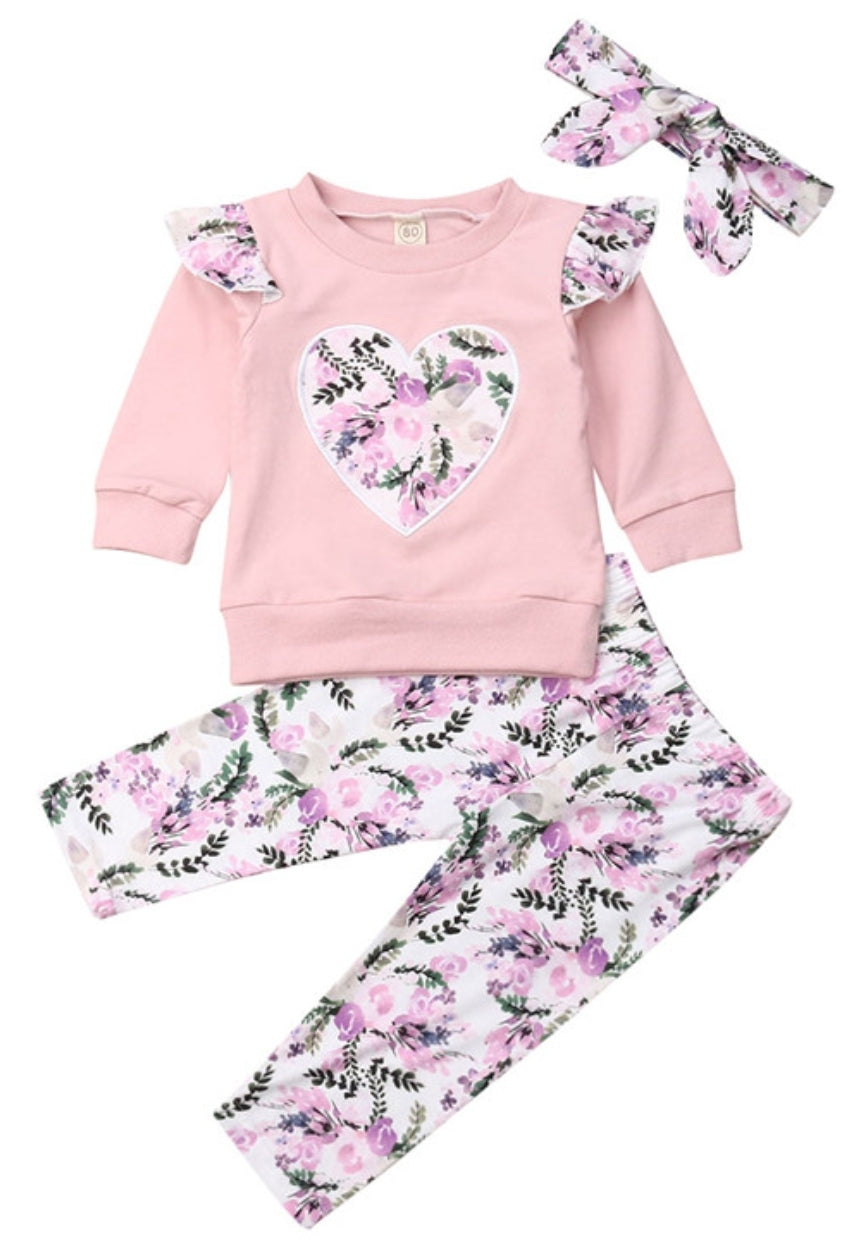 Ruffle Sleeve Top with Heart Detail, Floral Leggings and Headband #100053