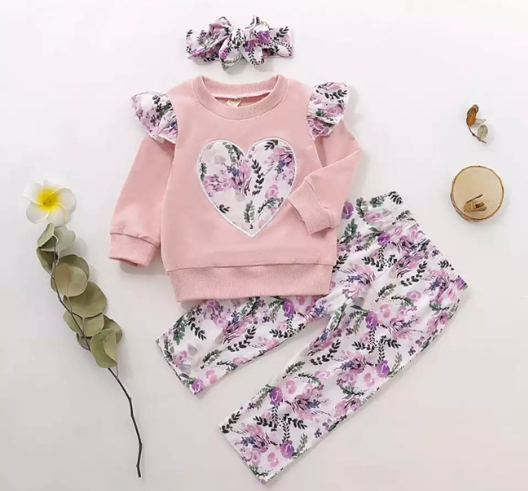 Ruffle Sleeve Top with Heart Detail, Floral Leggings and Headband #100053