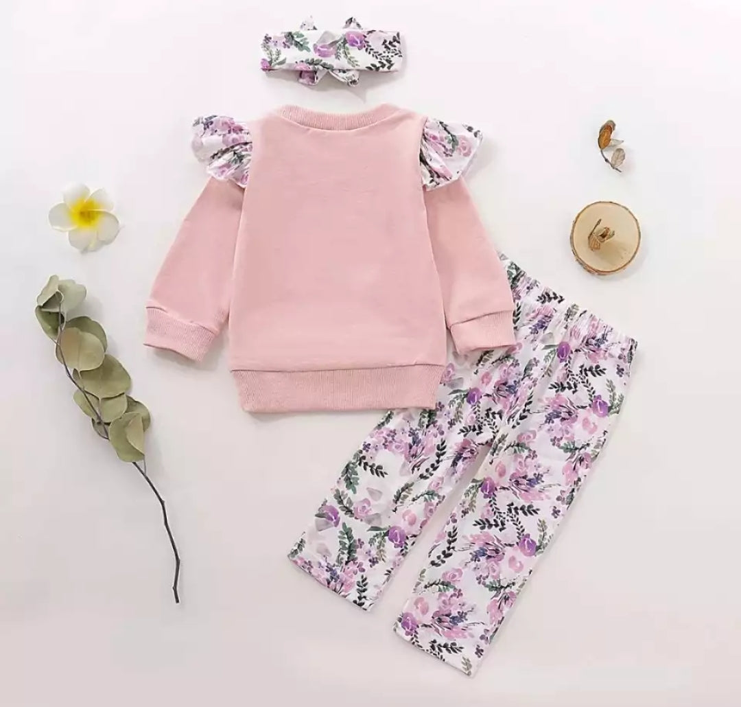 Ruffle Sleeve Top with Heart Detail, Floral Leggings and Headband #100053