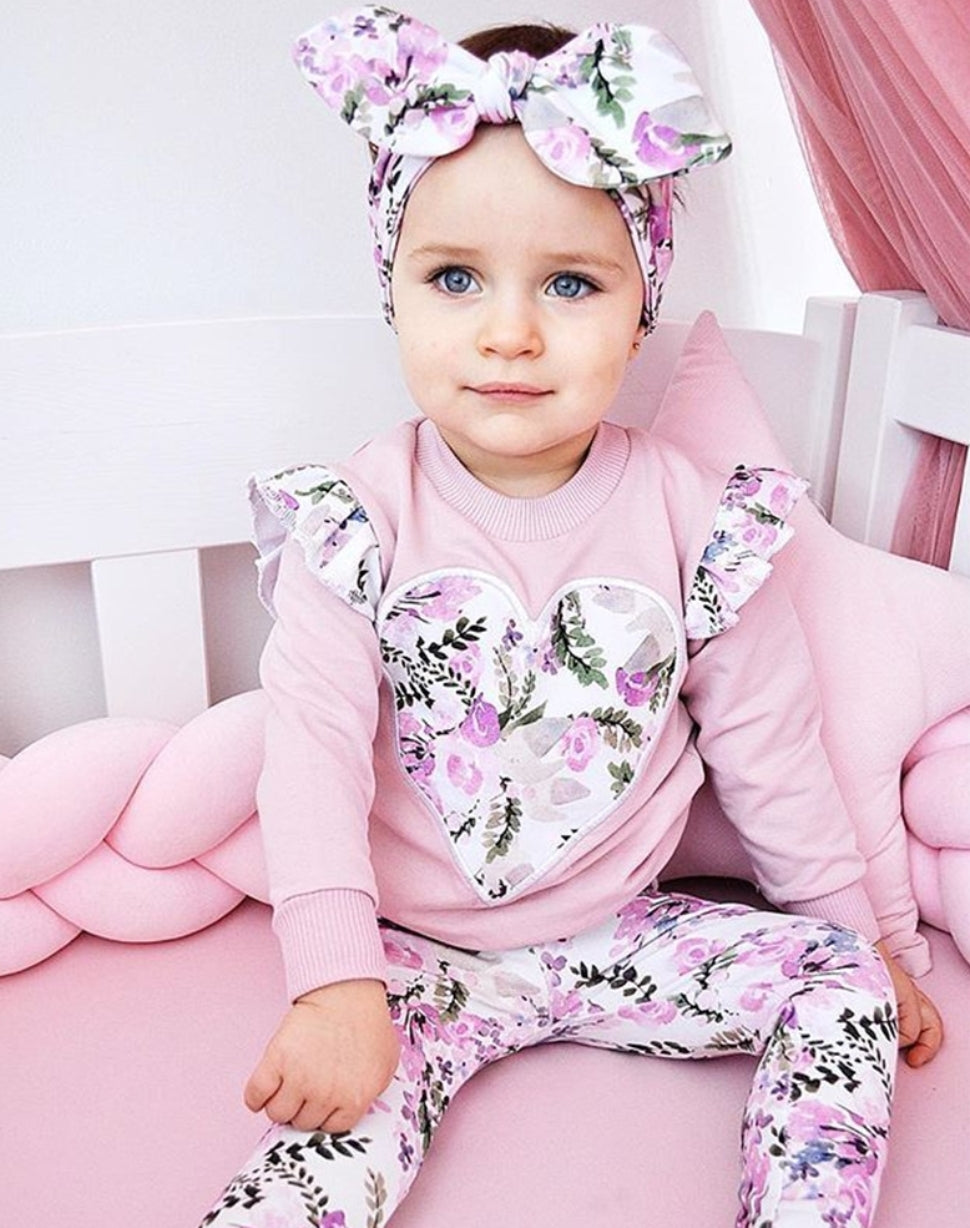 Ruffle Sleeve Top with Heart Detail, Floral Leggings and Headband #100053
