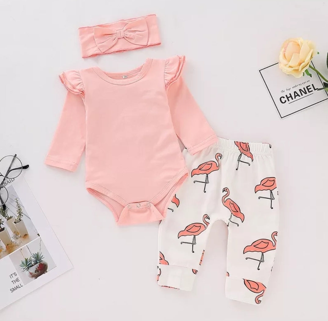 Pink Ruffle Sleeve Romper with Flamingo Pants and Headband #100076