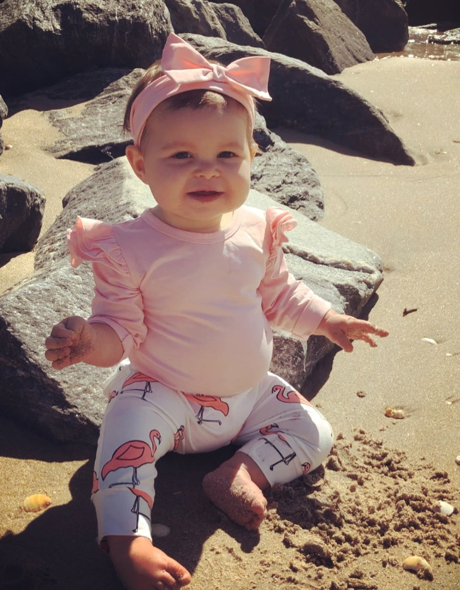Pink Ruffle Sleeve Romper with Flamingo Pants and Headband #100076