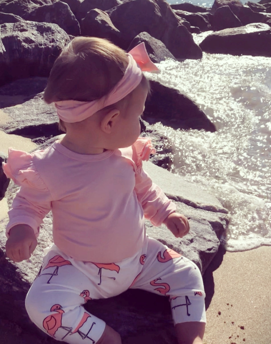 Pink Ruffle Sleeve Romper with Flamingo Pants and Headband #100076