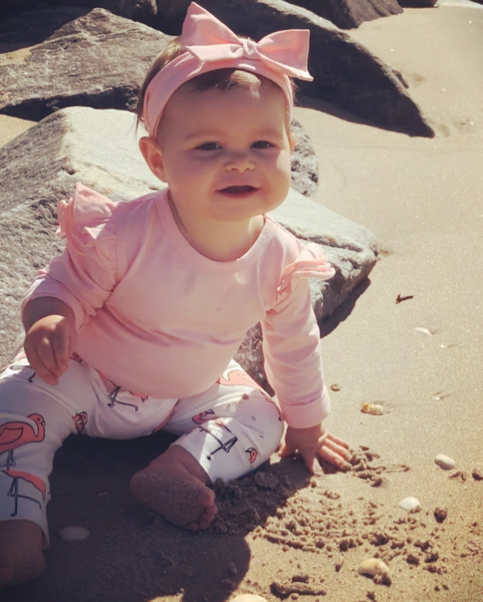 Pink Ruffle Sleeve Romper with Flamingo Pants and Headband #100076