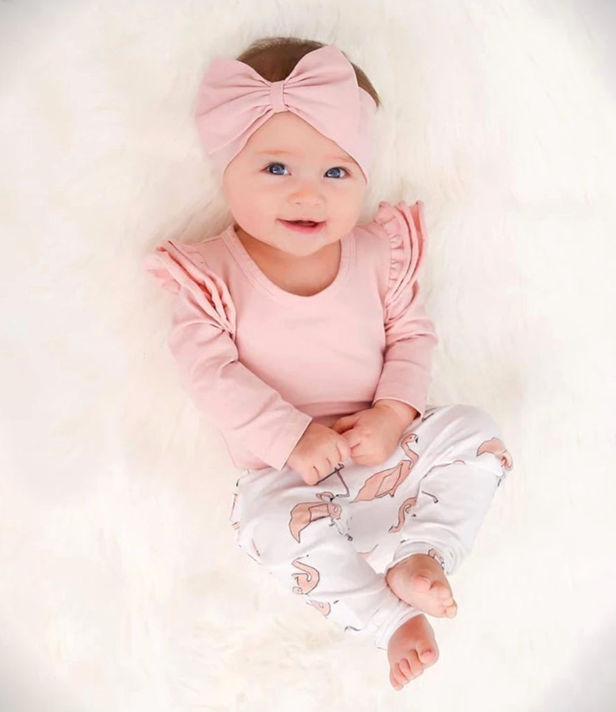 Pink Ruffle Sleeve Romper with Flamingo Pants and Headband #100076