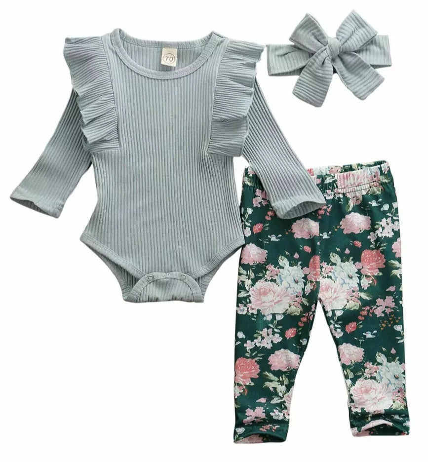Ribbed Duck Egg Ruffle Romper with Floral Leggings and Headband #1000105