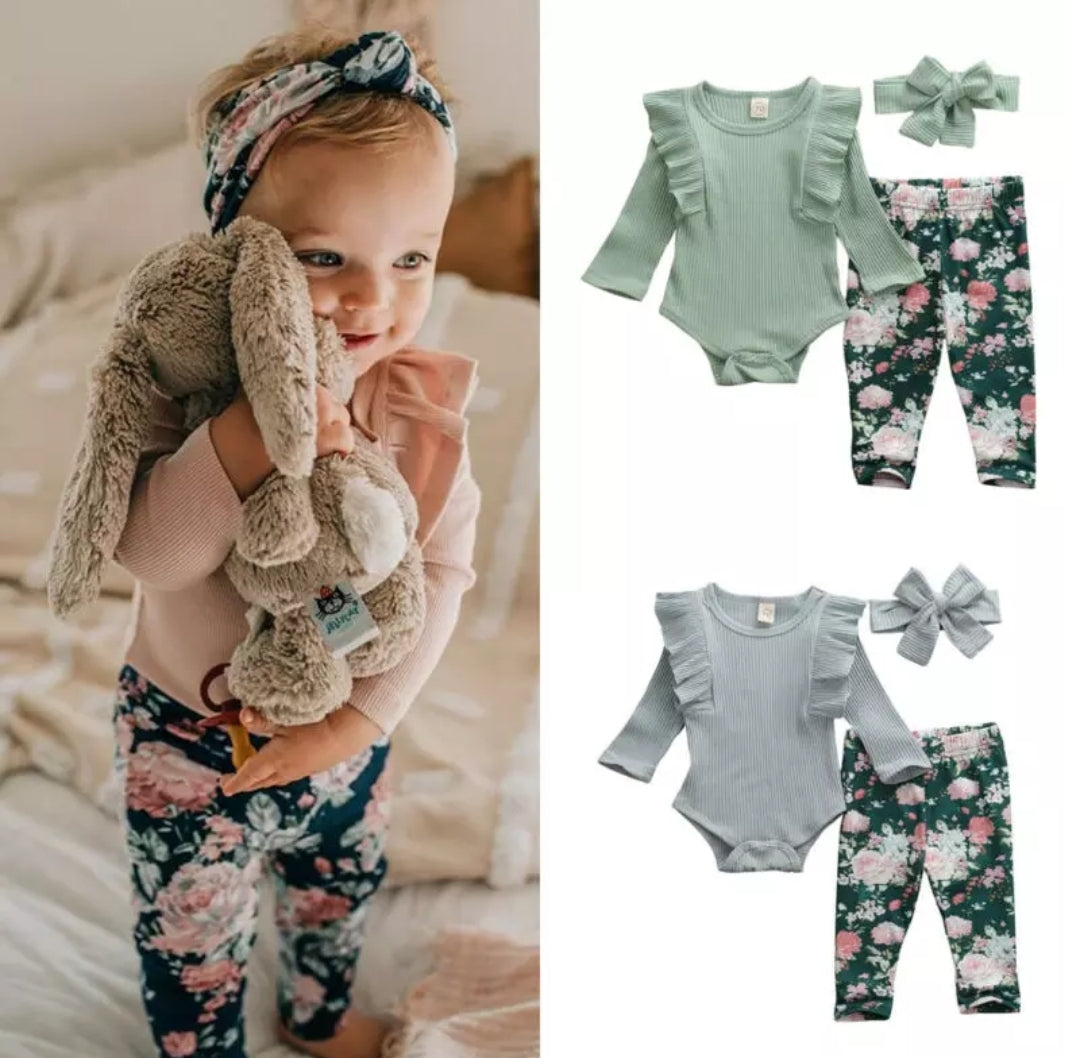 Ribbed Duck Egg Ruffle Romper with Floral Leggings and Headband #1000105