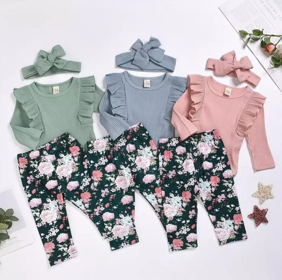 Ribbed Duck Egg Ruffle Romper with Floral Leggings and Headband #1000105