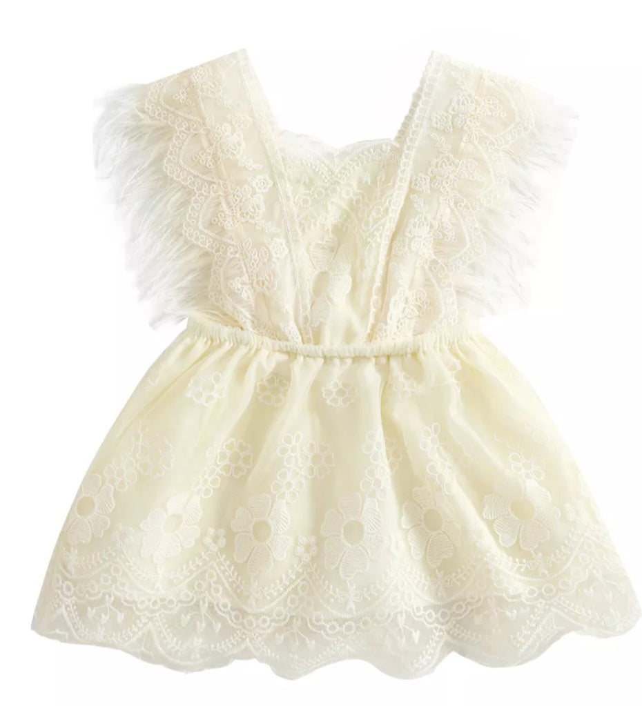 Ivory Lace Dress with Feather Detail #1000214