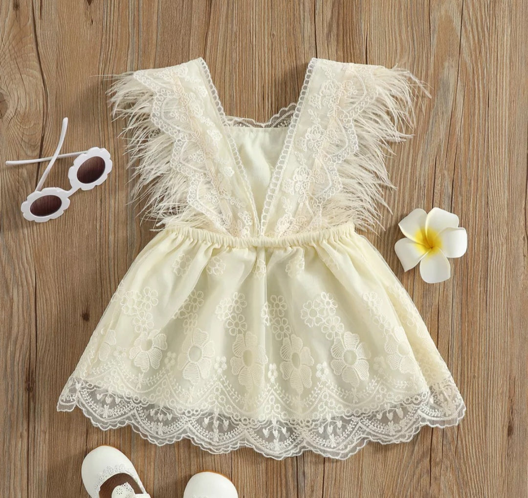 Ivory Lace Dress with Feather Detail #1000214