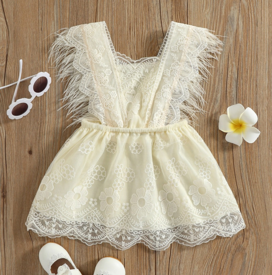 Ivory Lace Dress with Feather Detail #1000214