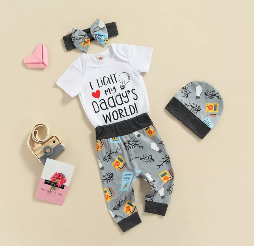I Light My Daddy's World Romper with Matching Pants, Hat and Headband Gender Neutral #1000128