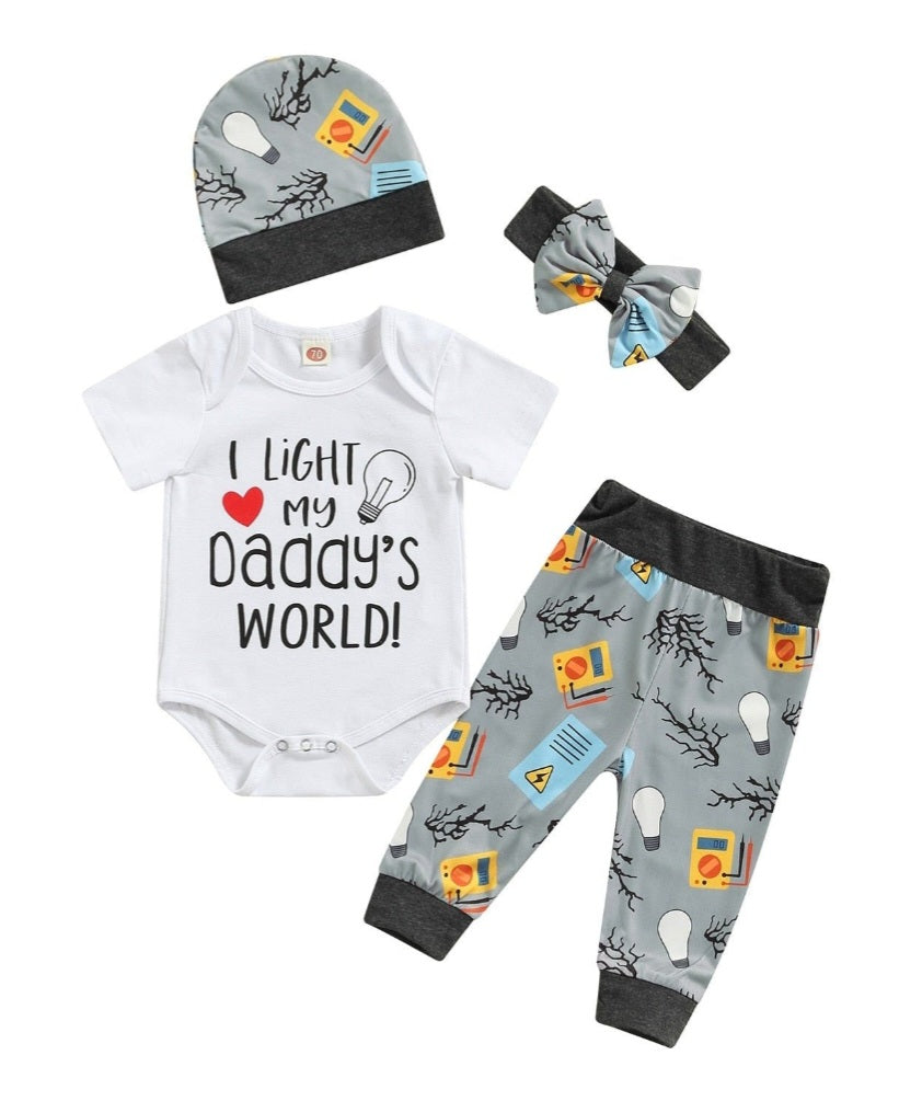 I Light My Daddy's World Romper with Matching Pants, Hat and Headband Gender Neutral #1000128