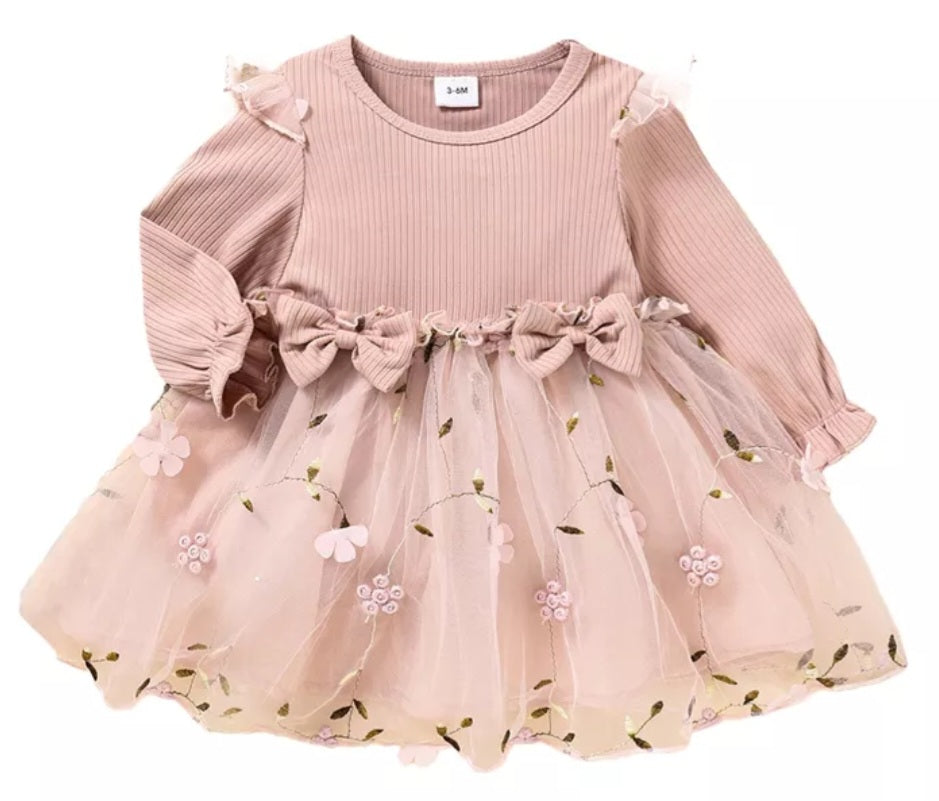 Ribbed Long Sleeve Dusty Pink Dress with Floral Detail #1001118