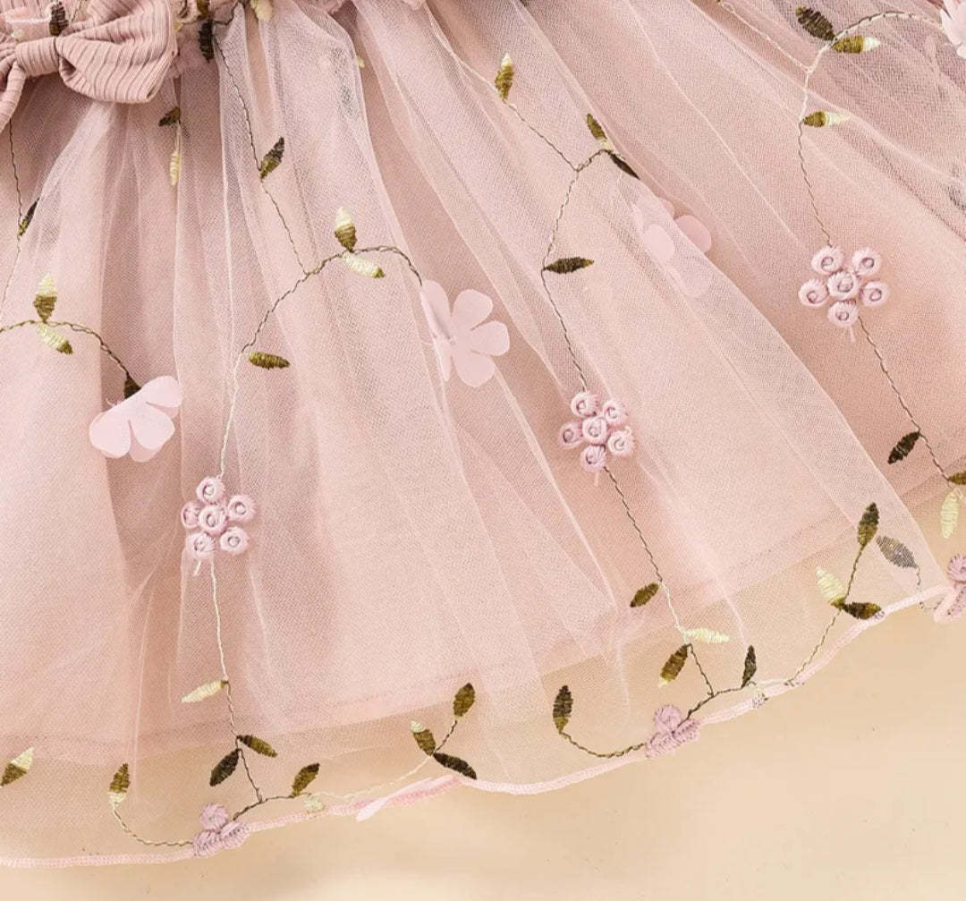Ribbed Long Sleeve Dusty Pink Dress with Floral Detail #1001118