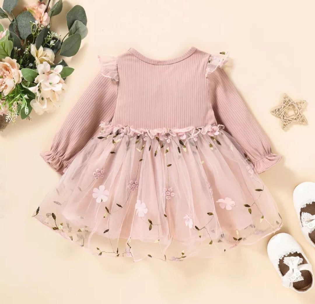 Ribbed Long Sleeve Dusty Pink Dress with Floral Detail #1001118