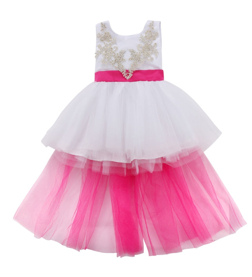 White Dress with Cerise Pink Tulle Train #9000119
