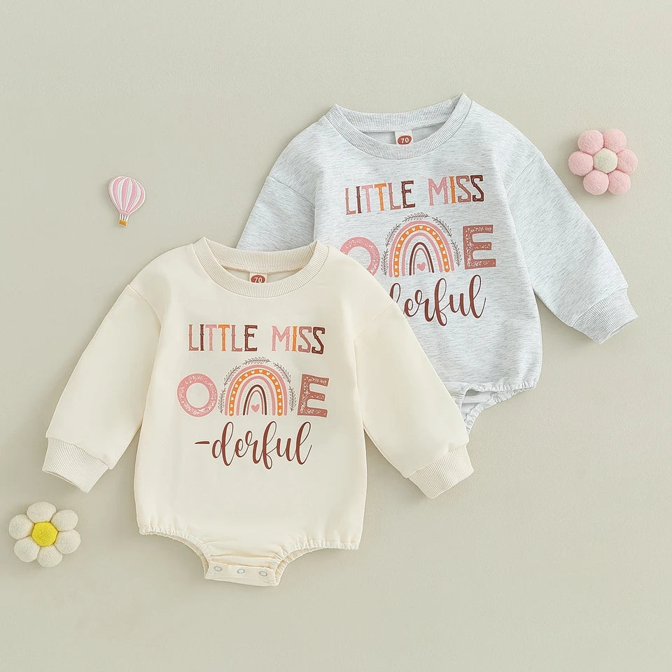 Little Miss One Derful Crewnek Birthday Romper, Gray #20006