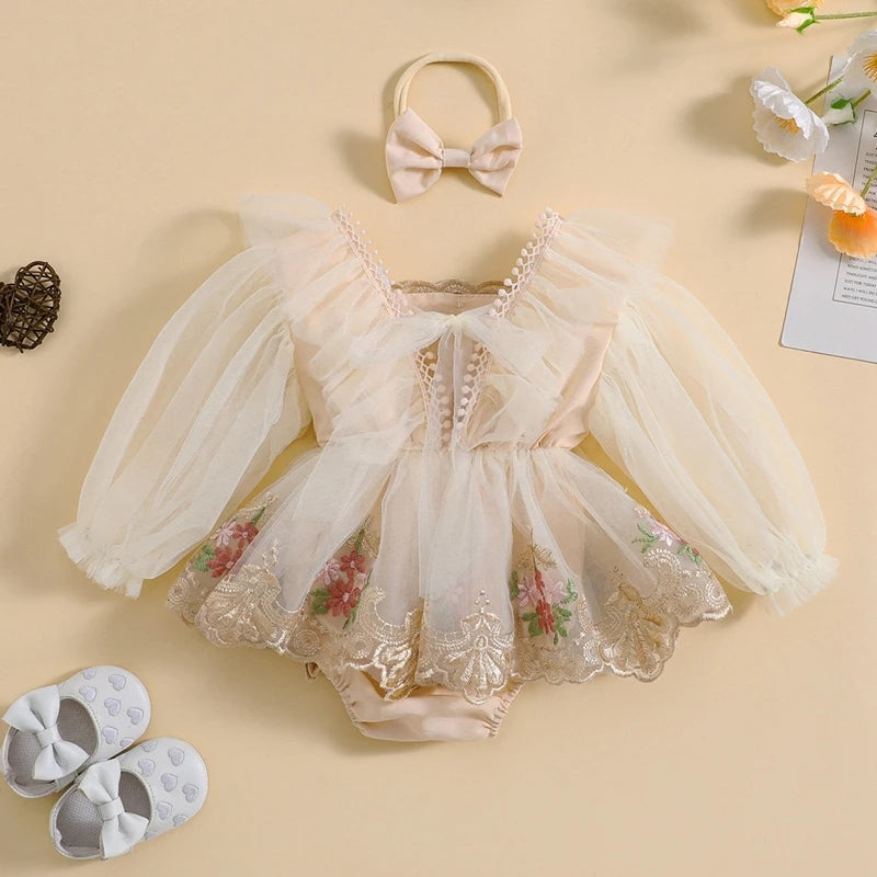 Champagne Embroidered Long Sleeve Romper and Headband #10020033