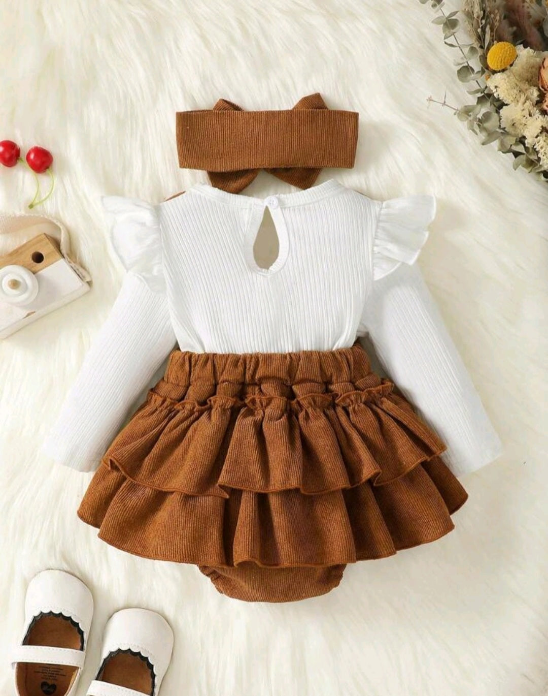 Ribbed White Romper with Brown Corduroy Suspended Bloomer (Overall) and Headband #1000292
