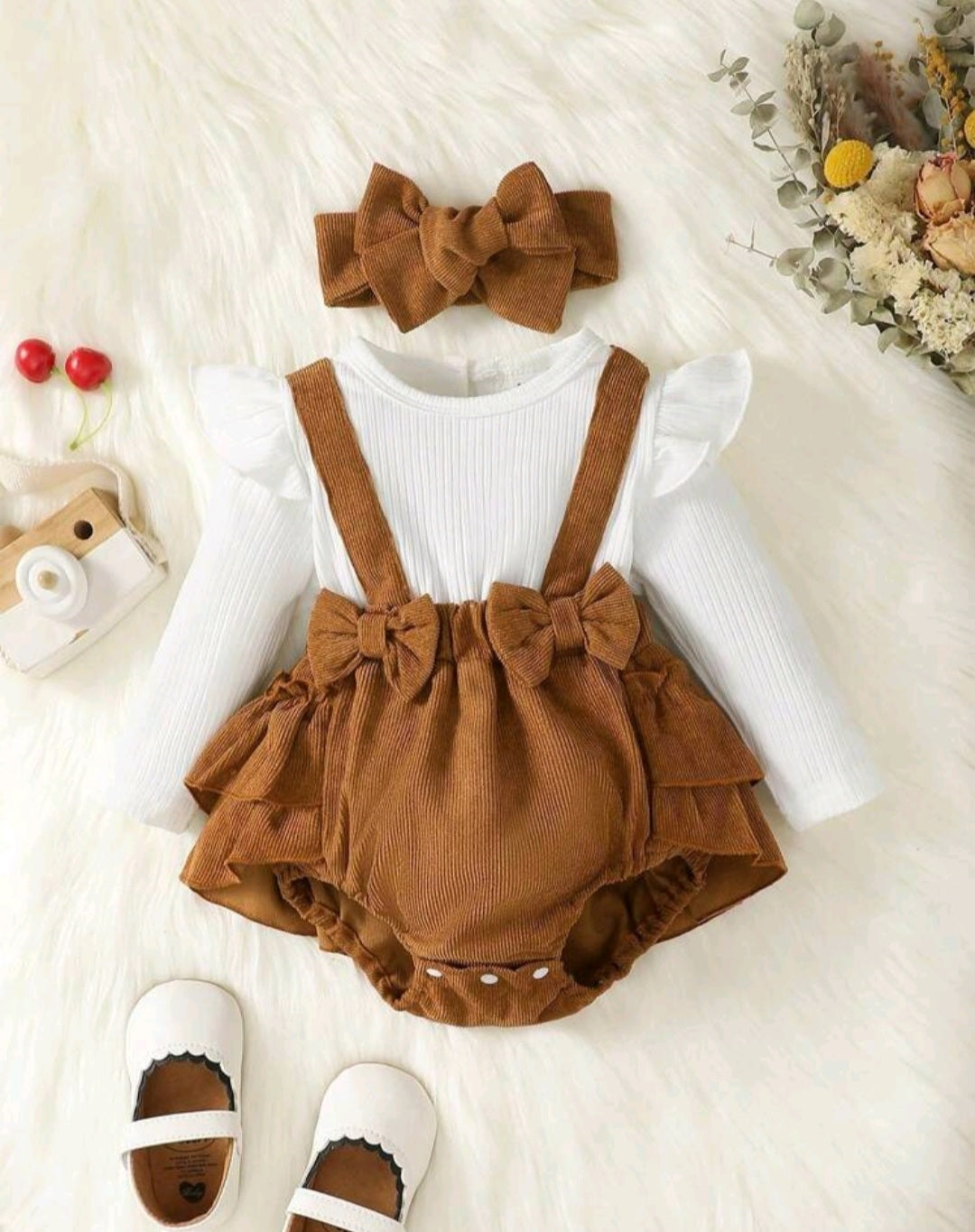 Ribbed White Romper with Brown Corduroy Suspended Bloomer (Overall) and Headband #1000292