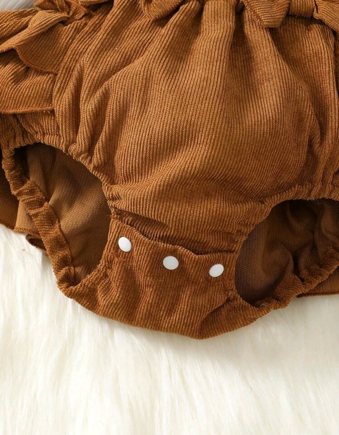 Ribbed White Romper with Brown Corduroy Suspended Bloomer (Overall) and Headband #1000292