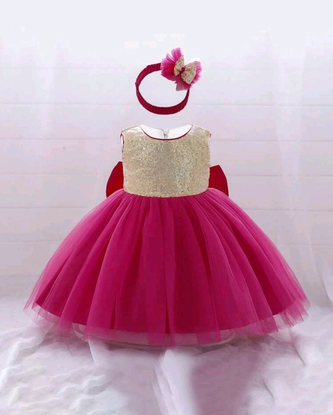Cerise Pink and Gold Sequins Special Occasions Dress with Headband  #100026