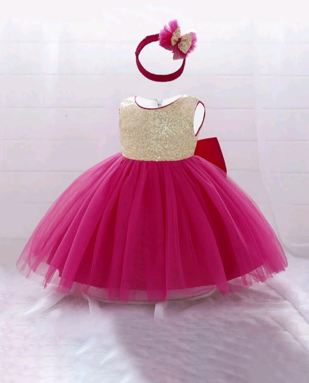 Cerise Pink and Gold Sequins Special Occasions Dress with Headband  #100026