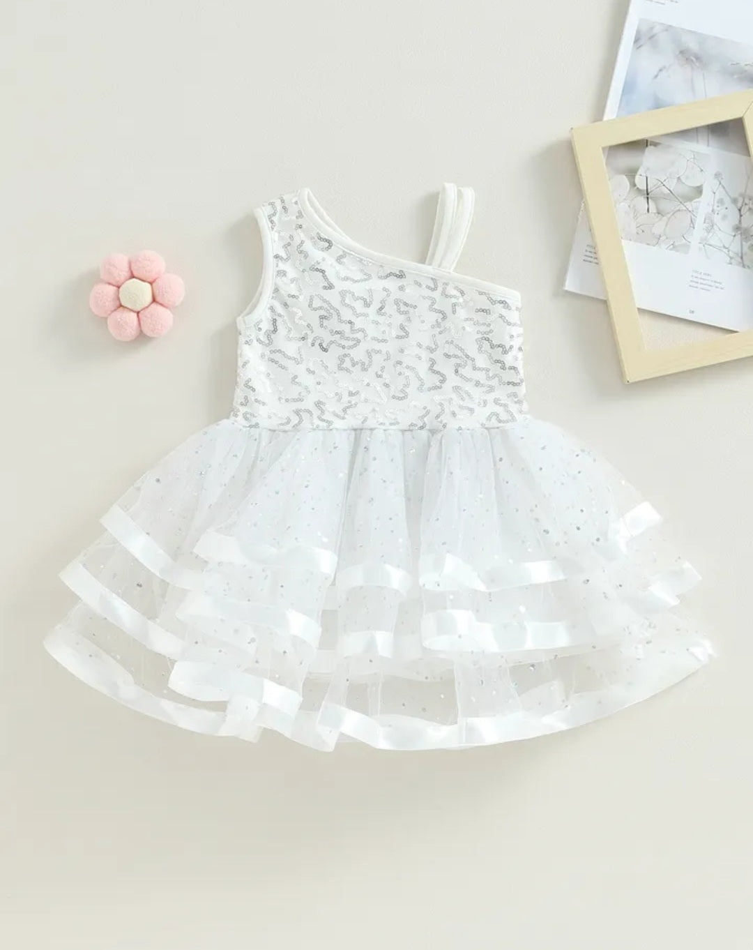 White Ruffle Silver Sequins Special Occasions Dress #1000276