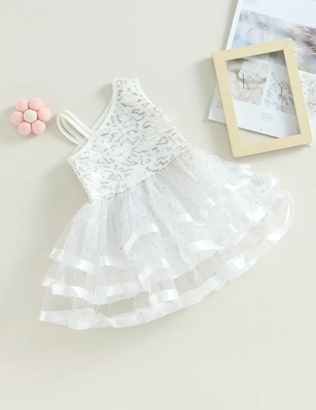 White Ruffle Silver Sequins Special Occasions Dress #1000276